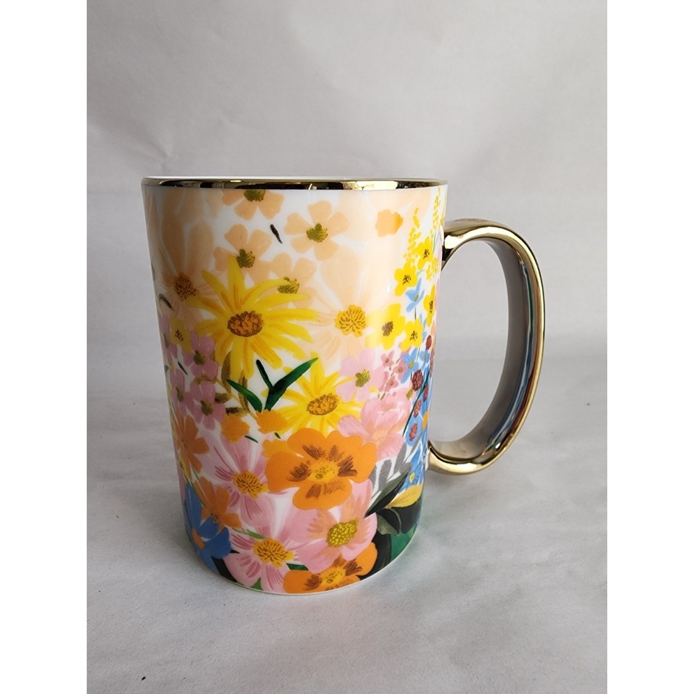 Rifle Paper Co Floral Porcelain Coffee Mug Gold Handle Rim Wildflower Garden